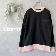 インクルーシブ　トレーナー　スウェット長袖【L】配色リブ　胸ポケット　黒　桃