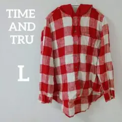 オーバーシャツ　TIME AND TRU フード付き 赤白 チェックシャツ L
