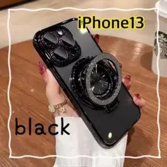 iPhone13 黒 スマホケース メタリック グリッター スマホリング