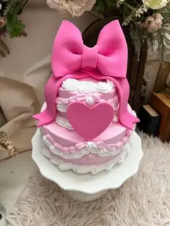 現品発送　推しケーキ　クレイケーキ　ピンク　リボンケーキ　イミテーションケーキ