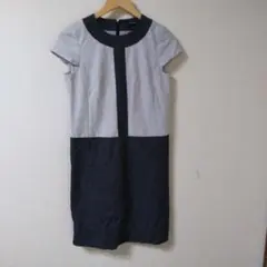 pierre cardin グレー　ダークネイビー　リネン　ひざ丈ワンピース