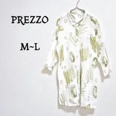 プレッツォ 総柄 シアーシャツ 五分袖 ホワイト×グリーン シースルー M～L