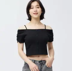 GU✩リブフロントボタンオフショルダーT（半袖、ギャザー）ブラック S
