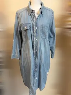 7分袖 デニムロングシャツ ボタンダウン襟 3L