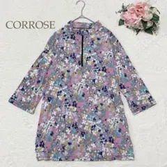 CORROSE カットソー　七分袖　花柄　ハーフジップ　透け感　M〜L
