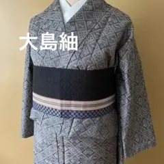大島紬　着物　グレーと紫の織り　小紋