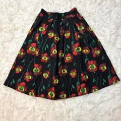 デザイン刺繍花柄フレアスカート　ウエストゴム　大柄　派手◆6037