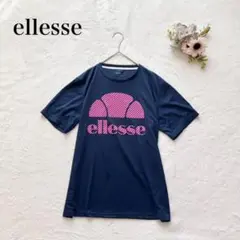 【エレッセ】ビッグロゴ Tシャツ（Ｌ）速乾 クルーネック 半袖 英字 紺色