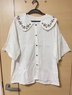 【美品】刺繍ブラウス半袖ホワイトフリー