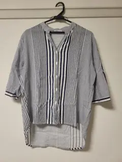 シャツ　ブラウス　7分袖　配色　切り替え　キーネック