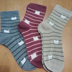 あったかやわらか猫柄ストライプソックス3足セット