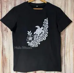 ホヌのトライバルTシャツ♡ハワイアン フラダンス♡海亀 ハイビスカス♡タタウ 黒