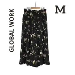 【美品】GLOBAL WORK　ワイドパンツ　花柄　ブラック　ウエストゴム　Ｍ