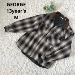 ジョージ　チェック シャツジャケット　フリース裏地　コーデュロイ襟　フード付　M