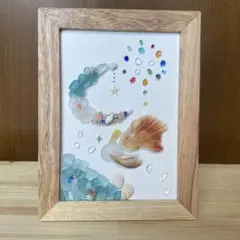【SALE】シーグラスアート 金魚と花火 ブルームーン