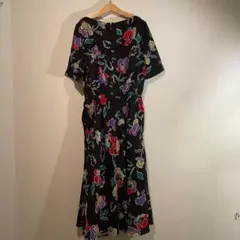 ビンテージ 70s 80s 昭和レトロ 花柄 総柄 ロング 半袖ワンピース M程