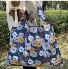 コンパクト収納 猫柄 エコバッグ 大きめ 買い物袋 折りたたみ 猫ちゃん柄