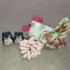★ハンドメイド商品★ちりめん布製 鶏 フクロウ 花の装飾品 セット