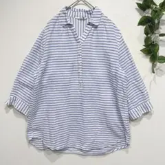 七分袖シャツ　ストライプ　開襟　麻混　綿混　ゆったり　ナチュラル　涼しげ　夏　M