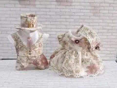 ハンドメイド　ドール服　お父さんお母さん　レトロ花柄お洋服セット　ベージュ