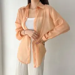 シースルー　シアーシャツ　オレンジ　フリーサイズ　羽織り　ブラウス　UV対策