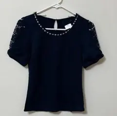 【ワケあり新品、ブランド不明】リボン付き袖半袖シャツ　ネイビー　Mサイズ