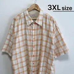 USA古着　半袖シャツ　3XL　オレンジ　ホワイト　チェック柄　サッカー生地