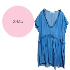 【ザラ】1975 DENIM♡Vネックワンピース【L】デニムブルー♡体型カバー