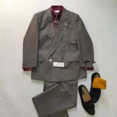 未使用品　90S　英国製生地　ベージュ系　6つ釦　ダブルブレストスーツ