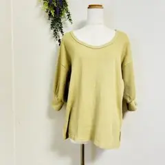 ✨良品✨gleam【M】オリーブ色リブ編み五分袖トップス オシャレで着心地良い