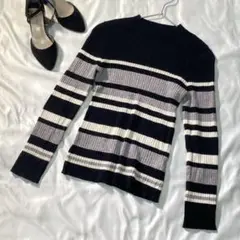【ファン】長袖 ニット 黒 白 ボーダー レディース(L)秋 冬 トップス