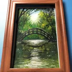森の中にある古い橋と眩しい太陽　水彩画　絵手紙　原画