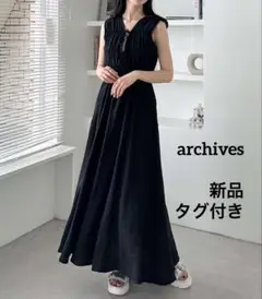 新品　タグ付き　archives ギャザーリボンノースリワンピース　M 黒　人気