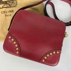 【美品】セリーヌ ショルダーバッグ サークルロゴ スタッズ レザー 赤