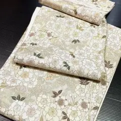 正絹 袋帯 生成り 花々 No 2498