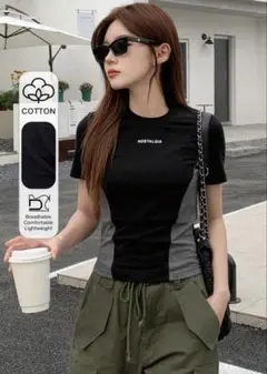 新品未使用　ショート丈　半袖Tシャツ ブラック/グレー