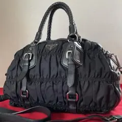 希少 プラダ 編み込みハンドル レザー ギャザー 2way ショルダーバッグ 黒