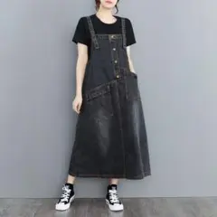 新作ゆったりデニムサロペットスカート パーカー ワンピース ロング 大きいサ