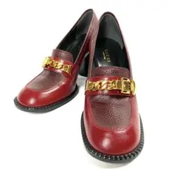 極美品 GUCCI ヒール チェーンベルト 金具 レザー レッド系 22.5cm