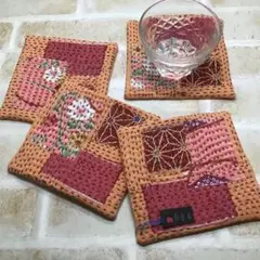 【送料込】刺し子　コースター4枚セット　ハンドメイド　古民家　オレンジ34