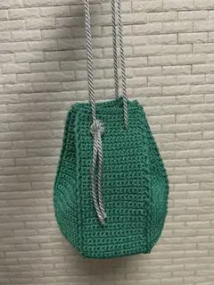手編み 緑色 巾着ポシェット