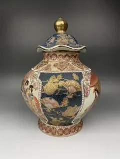 薩摩焼？　古代美人図　壺飾り壺　沈香壺　大型　大サイズ 薩摩焼・飾り壺 （50％OFF】 古代美人図 薩摩焼？ 壺飾り壺