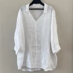 Oscope リネン100% 七分袖スキッパーシャツ 大きいサイズ