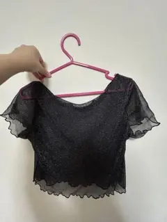 ラメ入り黒メッシュフリル袖トップス