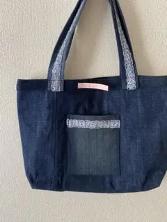 デニムトートバッグ レースポケット付き
