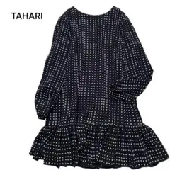 TAHARI ☆ドット柄膝丈ギャザーワンピース　チュニック　袖口ゴム　サイズ10