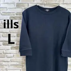 ills イルズ　ワッフル　五分袖 Tシャツ 丸首 紺色　ネイビー　L
