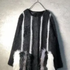 【ヴィンテージ】レトロ ノーカラー 黒×白ファーコート 古着 used W21