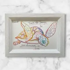 額付き　原画　ポストカード　額装　アート　ドローイング　ウミガメ　動物画　色鉛筆