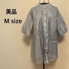 【美品】七分丈ブラウス/シャツ/ノーカラー/シースルー/透け感/グレージュ